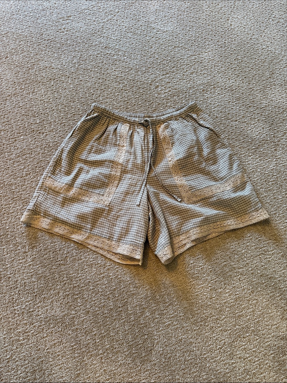 aerie Beige Plaid Lounge Shorts with Lace Trim